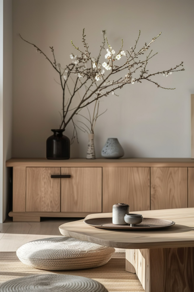A minimalist living room with a wooden sideboard, decorative vases, a round coffee table with ceramic dishes, and floor cushions.
