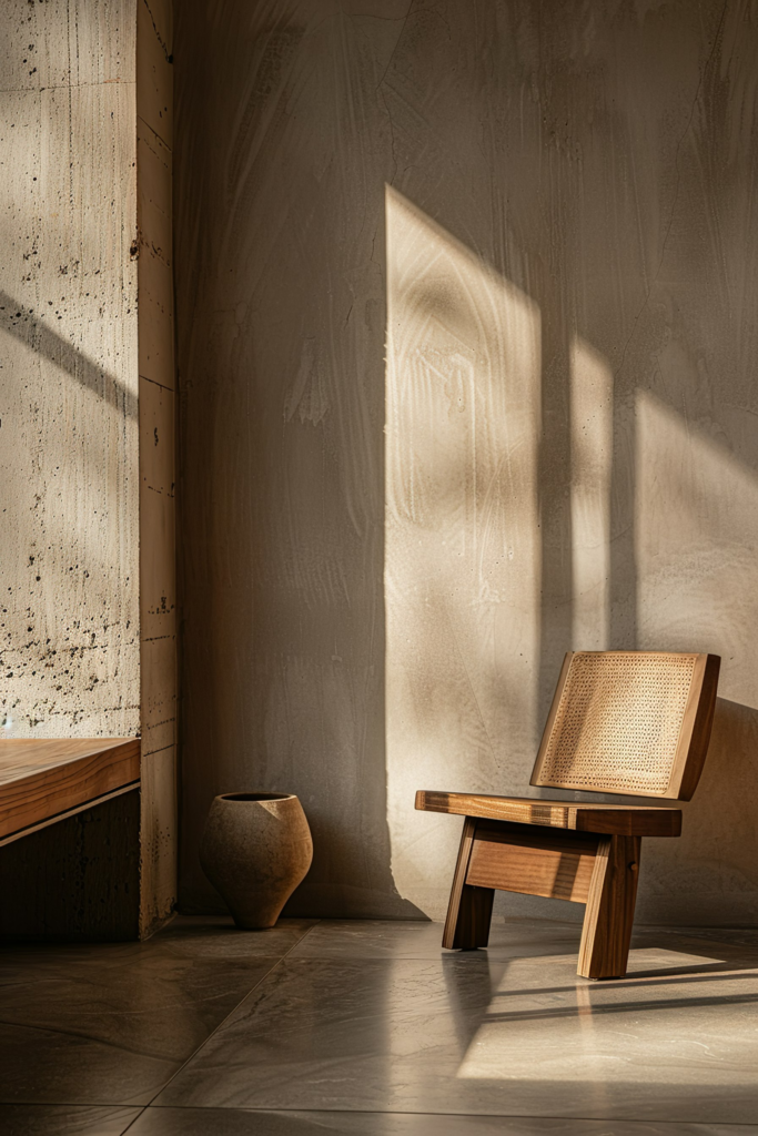 A serene corner with sunlight casting shadows on a textured wall, a wooden chair in the foreground, and a pottery vase beside it.