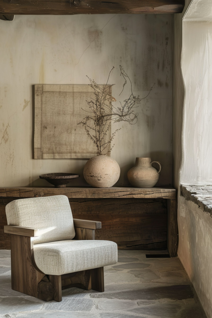 Rustic interior with a modern armchair, textured ceramic vases on a wooden shelf, and abstract wall art against a plastered wall.