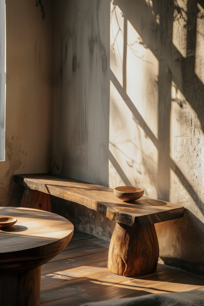 Warm sunlight casting shadows on a rustic wooden bench and table with wooden bowls, creating a serene and cozy atmosphere.