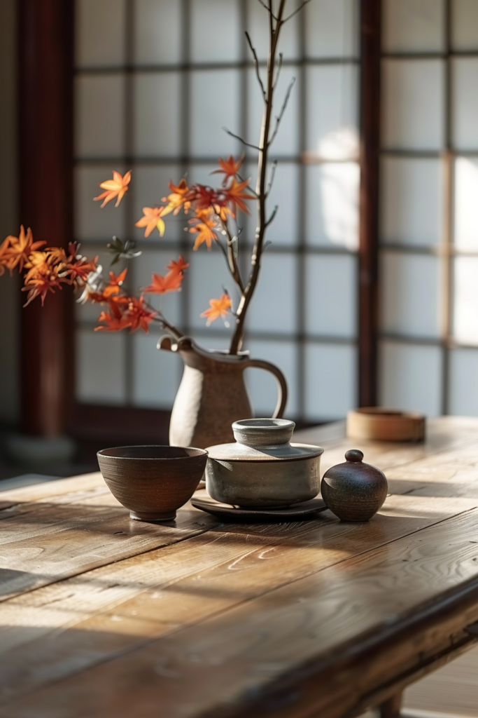 A serene setting with traditional ceramic teaware and a vase with autumn leaves on a wooden table, near shoji sliding doors.