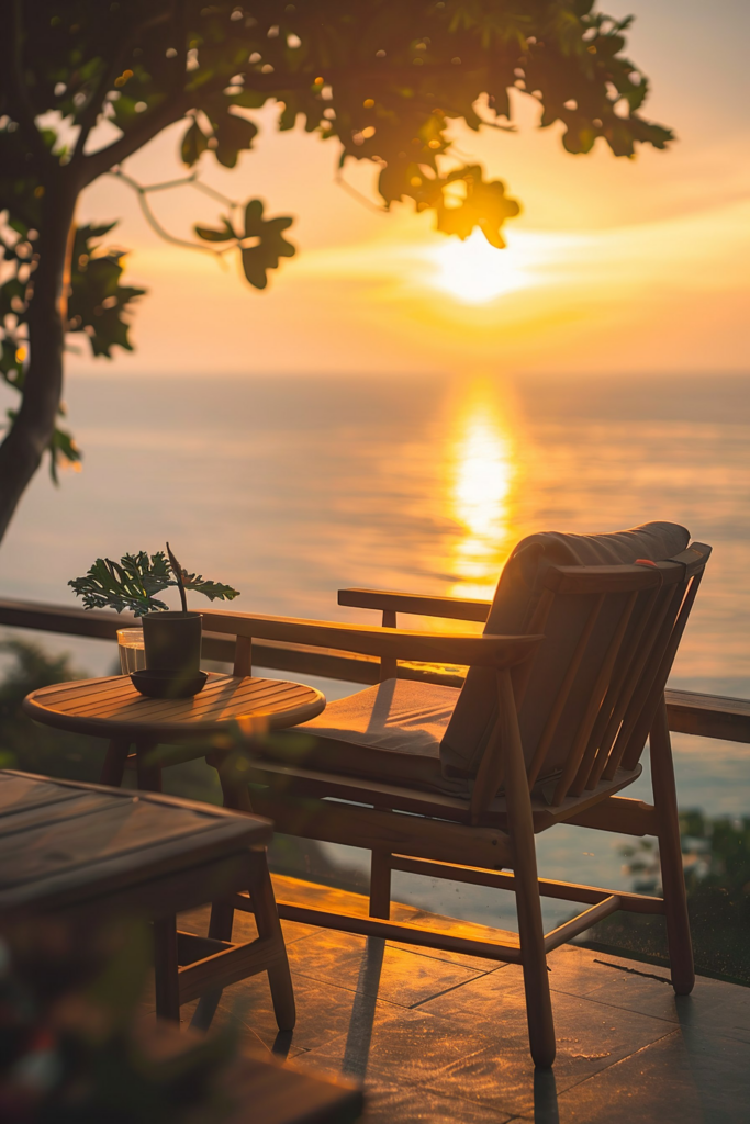Wooden chair and table overlooking a sunset at sea with silhouetted leaves in the foreground.