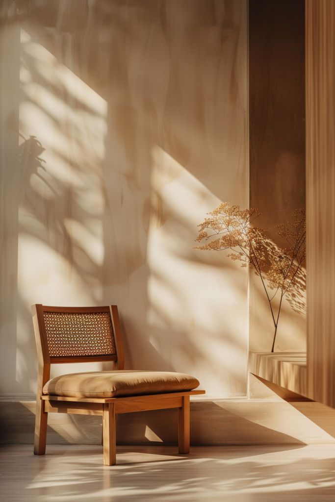 A warm, sunlit room with shadows of plants on the wall, featuring a wooden chair and a delicate dried plant beside it.