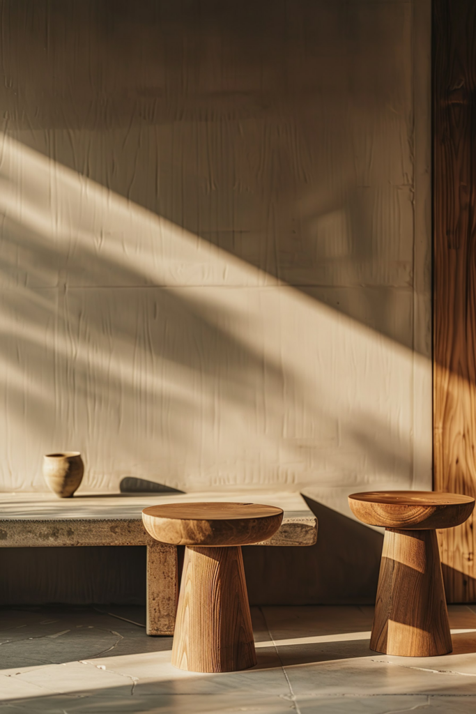 Warm sunlight casting shadows on a wall, with two wooden stools and a ceramic bowl on a platform in a serene interior.