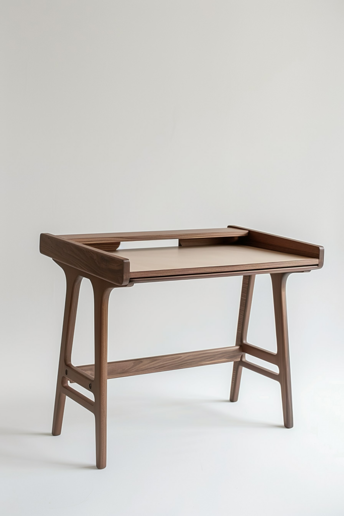 ALT: A minimalist wooden writing desk with elegantly curved legs and a small built-in storage slot, isolated against a white background.