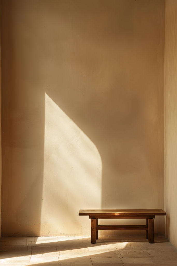 "Sunlight casting a sharp geometric shadow on a warm beige wall with a simple wooden bench in a serene, minimalist setting."