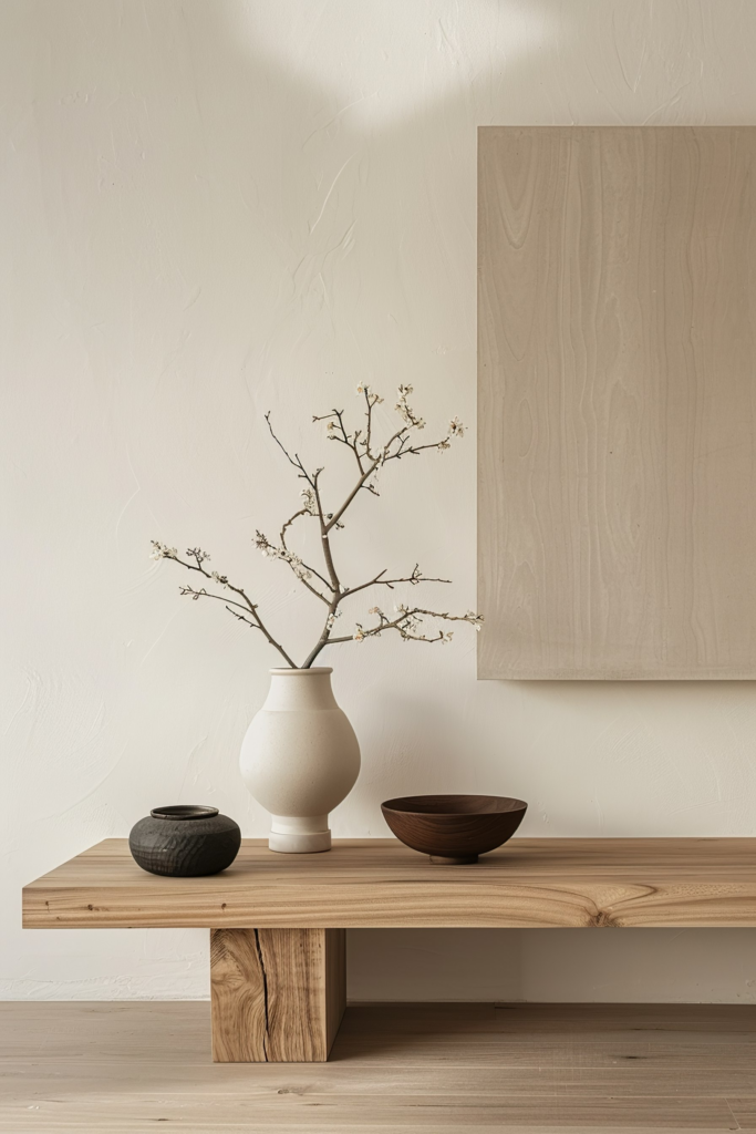 A minimalist interior with a wooden bench, a white vase with branches, and decorative bowls against a textured wall.