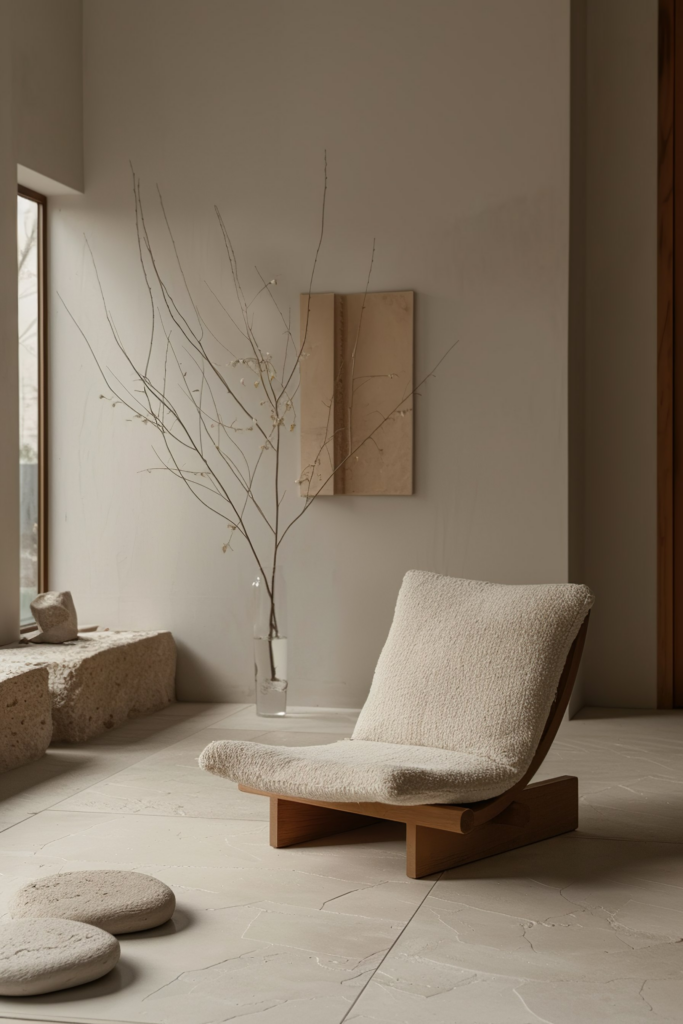 ALT Text: Minimalist interior featuring a textured armchair, a concrete bench, a vase with branches, and a neutral-toned canvas on the wall.
