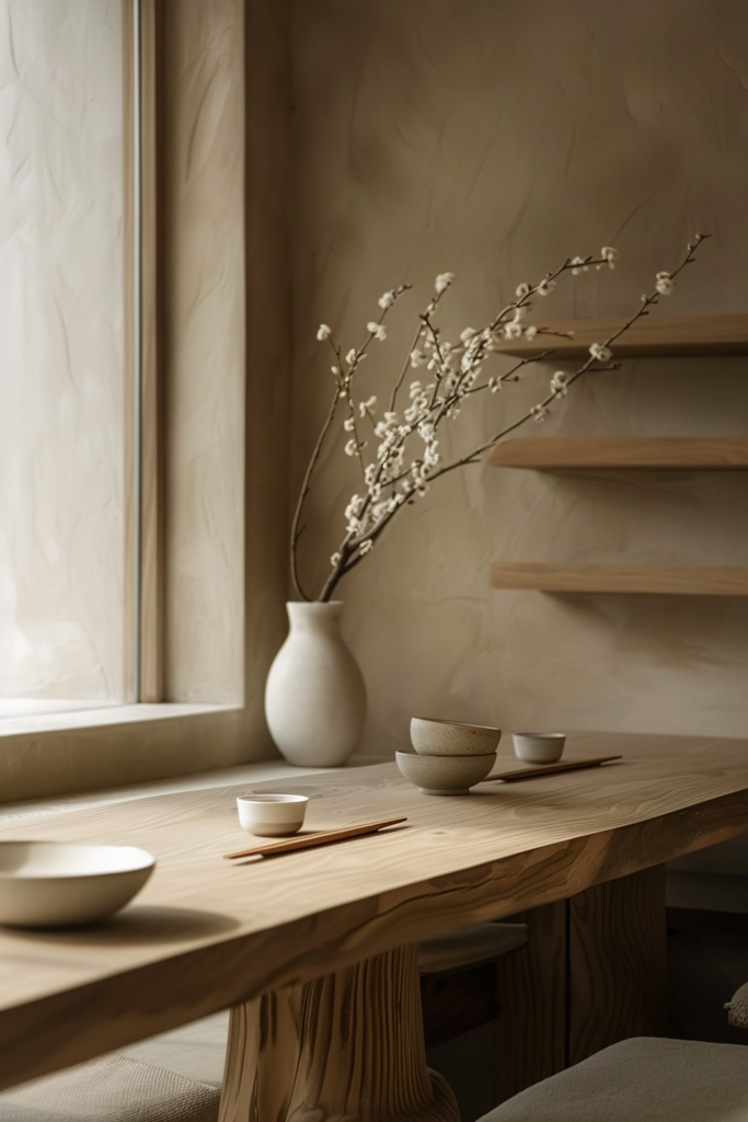 A serene corner with a wooden table, ceramic bowls, and a delicate white vase with branches beside a window casting soft light.