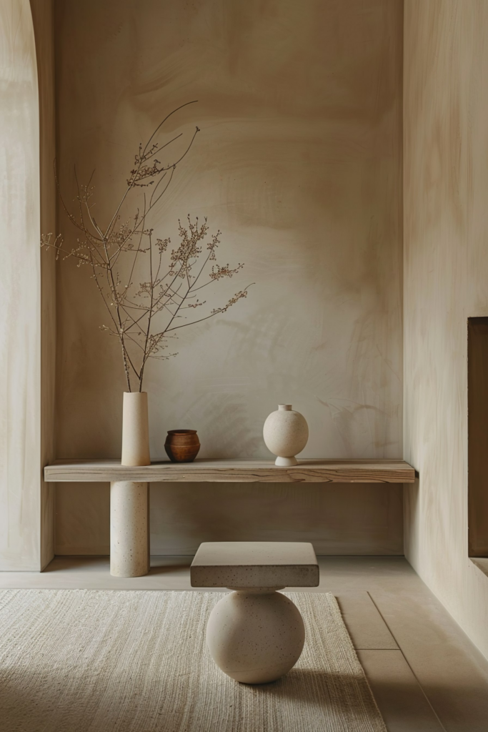 Minimalistic interior with a wooden bench, ceramic vases, dried plants, and a unique stone stool on a textured rug. Earth tones throughout.