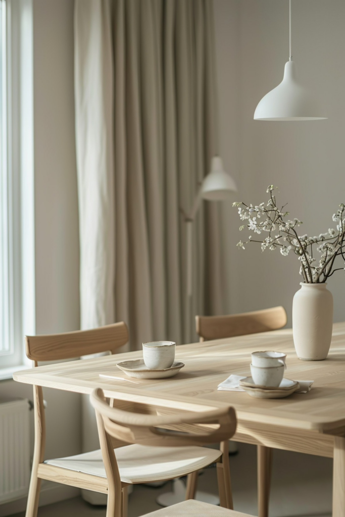 A minimalist dining room with a wooden table set with ceramic cups, a vase with branches, and pendant lights.