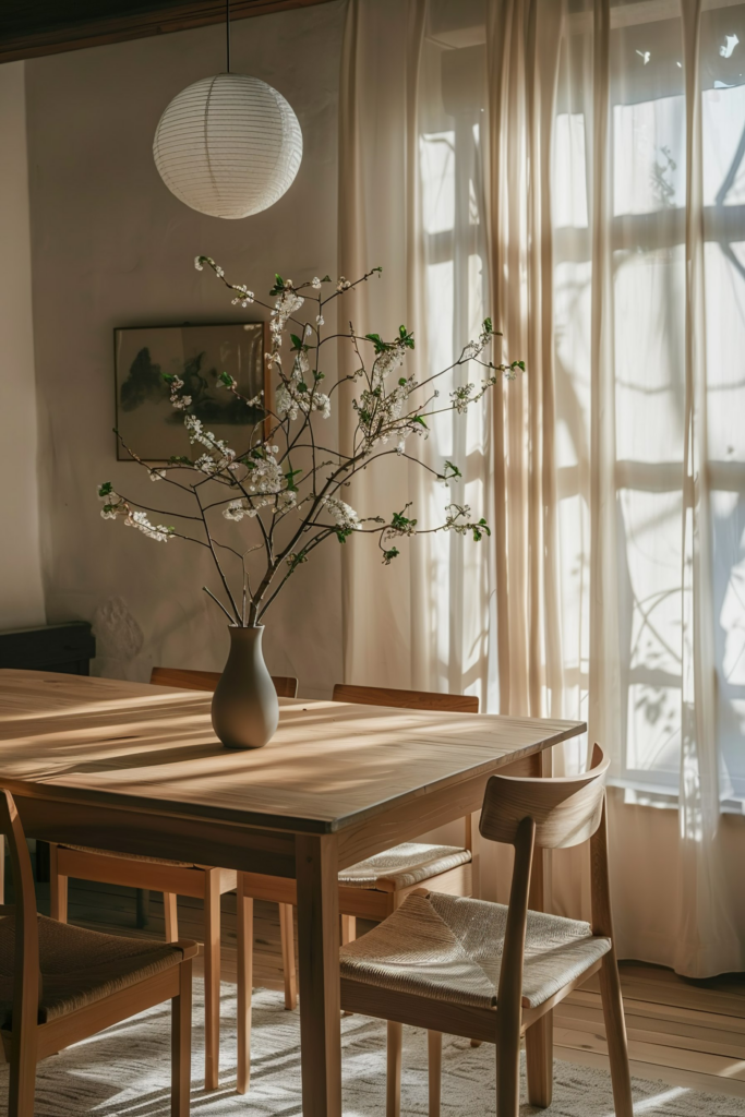 A cozy dining room with sunlight filtering through sheer curtains, casting soft shadows on a wooden table with a vase of blooming branches.
