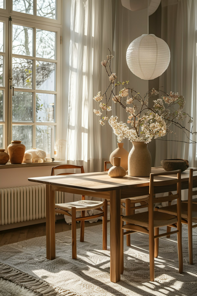 Cozy dining room with natural light, wooden table and chairs, decorative vases, and a hanging paper lantern.