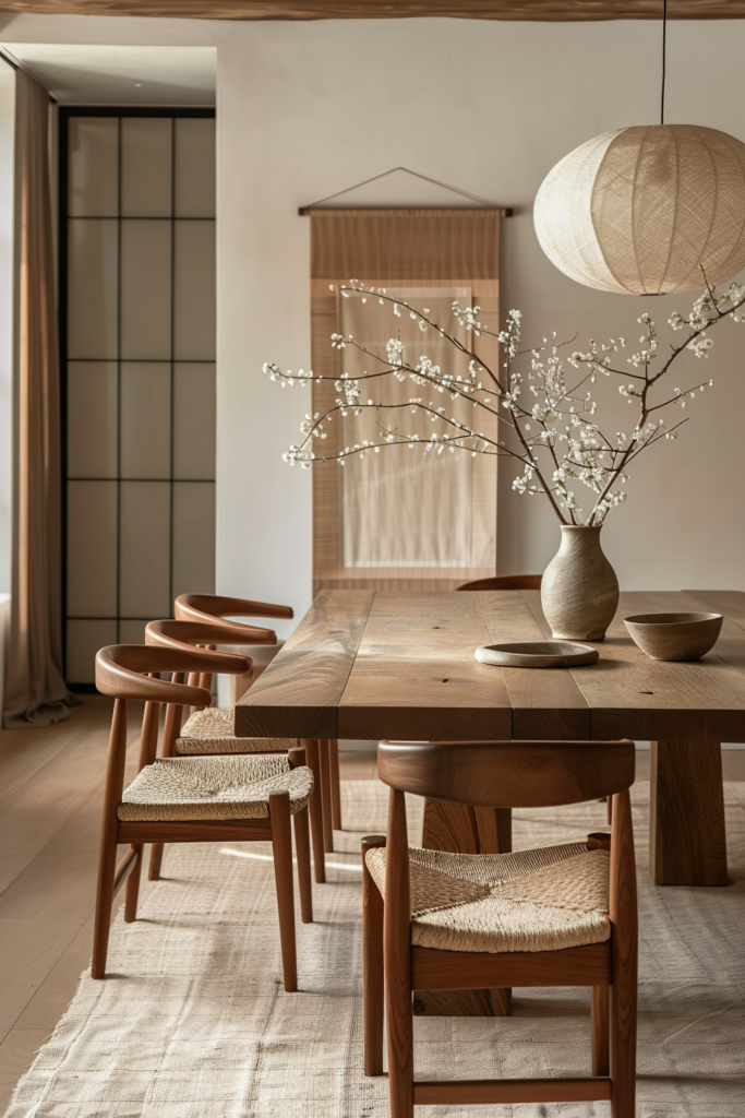 A minimalist dining room with a wooden table, woven chairs, and a vase with white blossoms, complemented by soft lighting and neutral tones.