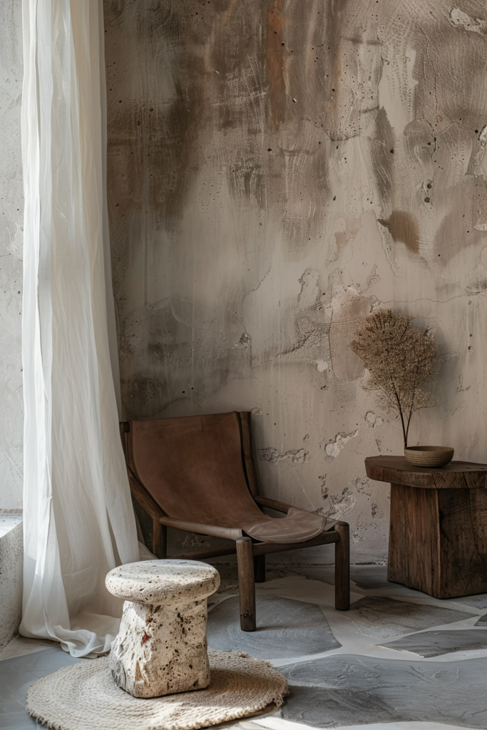 A rustic interior corner with a leather chair, textured walls, a sheer curtain, a round stone stool, and a wooden side table with dried flowers.