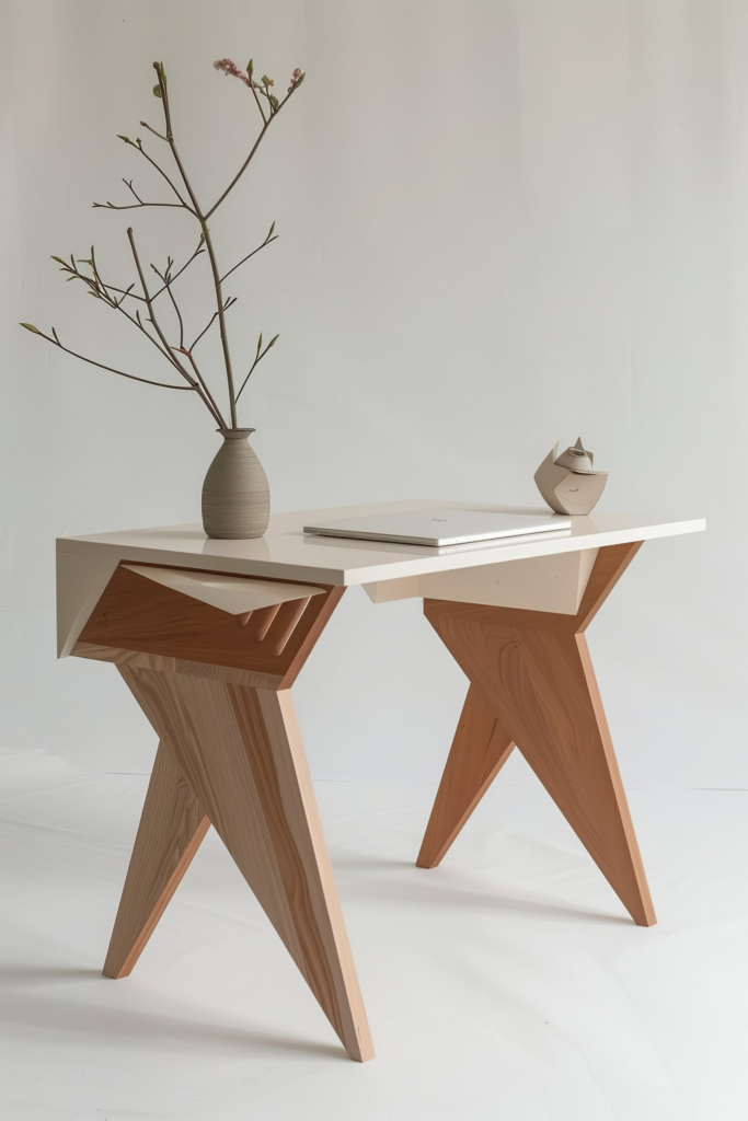 Modern wooden desk with a unique angular design, featuring a vase with sprigs and a closed laptop on top.
