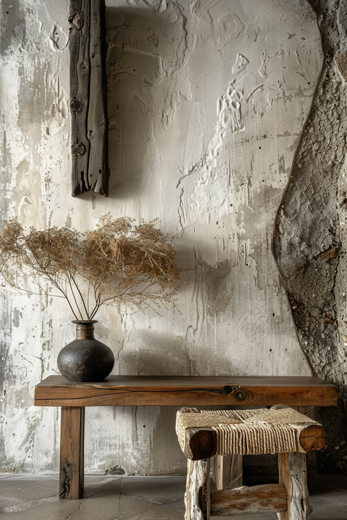 A rustic interior scene with a wooden bench, a stool, a vase with dried plants, and textured, peeling walls.