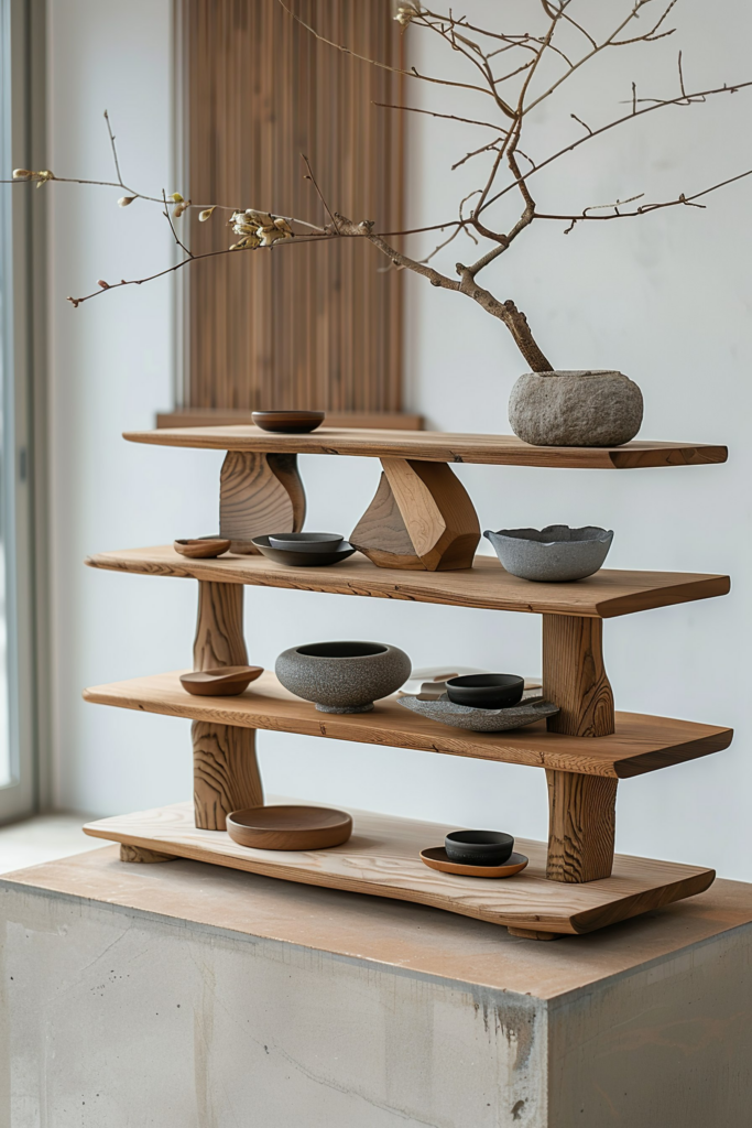 Modern wooden shelves displaying a collection of ceramics and a vase with a branch.