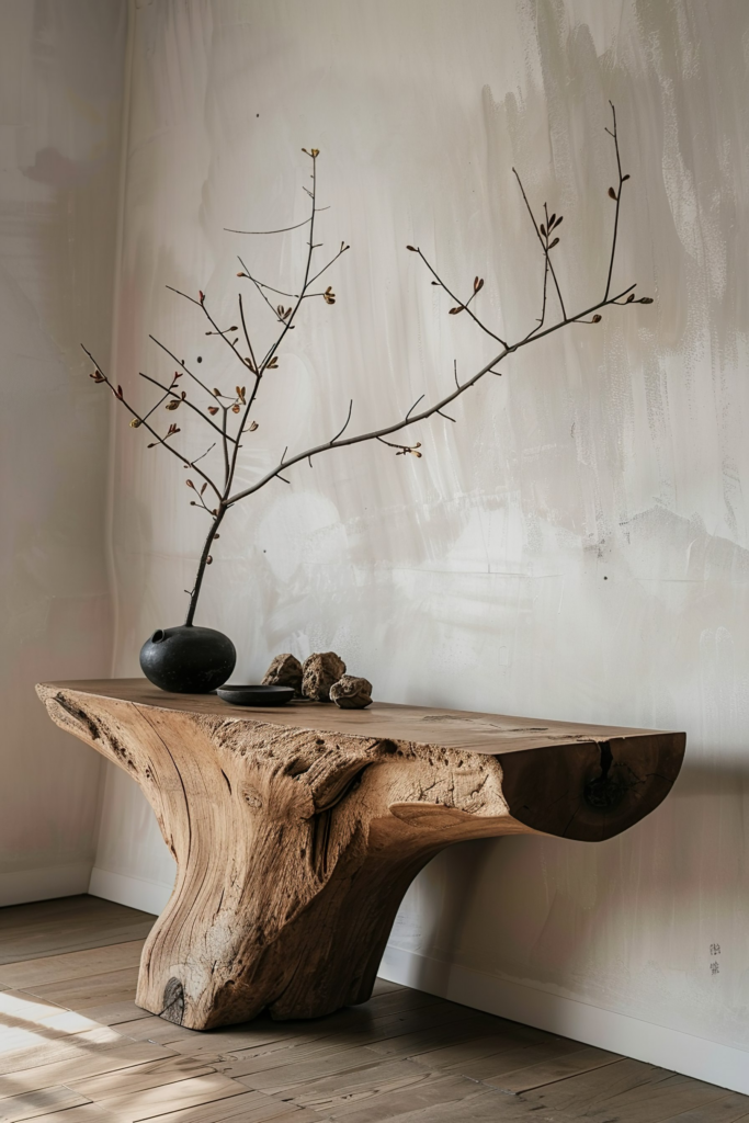 A rustic wooden table with a minimalist vase holding bare branches, accompanied by rocks, against a textured light wall.