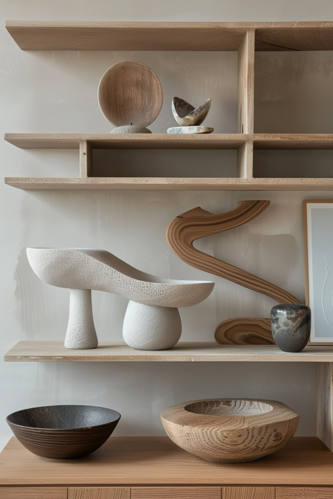 A modern wooden shelving unit displaying a curated collection of decorative bowls, vases, and abstract sculptures in neutral tones.