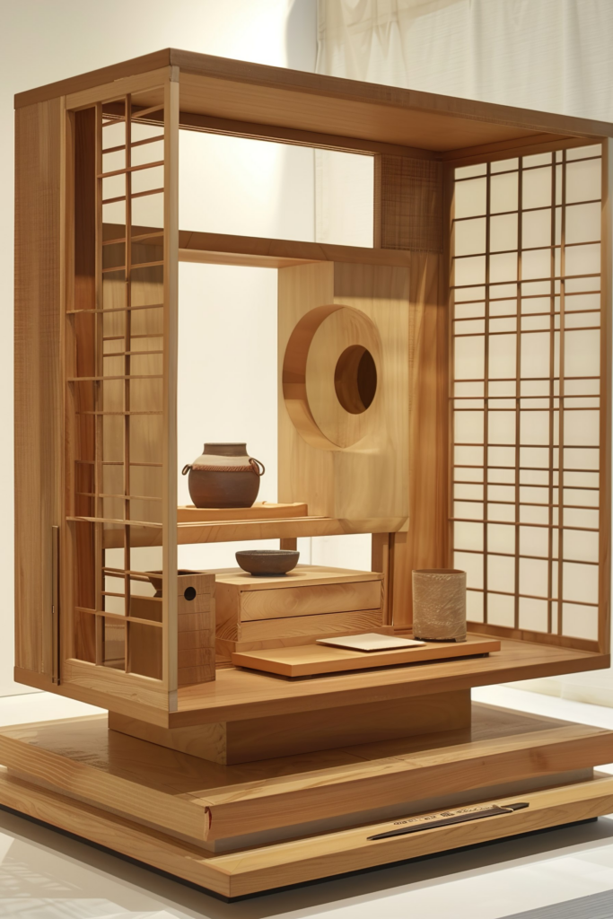 ALT text: Modern wooden tea ceremony room with intricate joinery, paper screen doors, low table, and ceramic tea bowls.