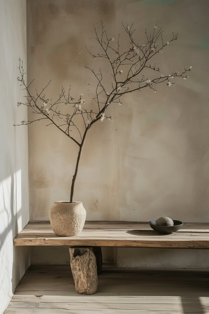 A barren tree branch with a few buds in a stone pot on a rustic wooden bench beside a bowl with stones, against a textured beige wall.
