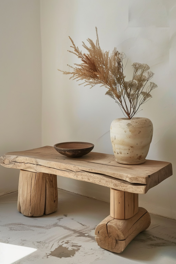 Rustic wooden bench with ceramic vase and dried plants beside a brown bowl, positioned against a white wall with light shadows.