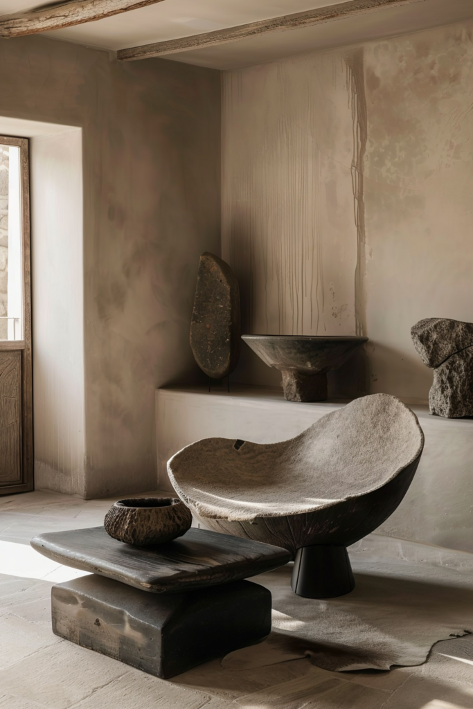 Rustic interior with unique stone furniture pieces and textured walls, evoking a serene, earthy ambiance.