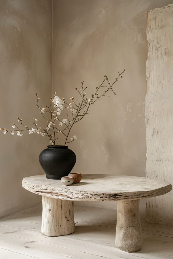 Rustic wooden table with a black vase holding cherry blossoms, next to small bowls, against a textured beige wall.