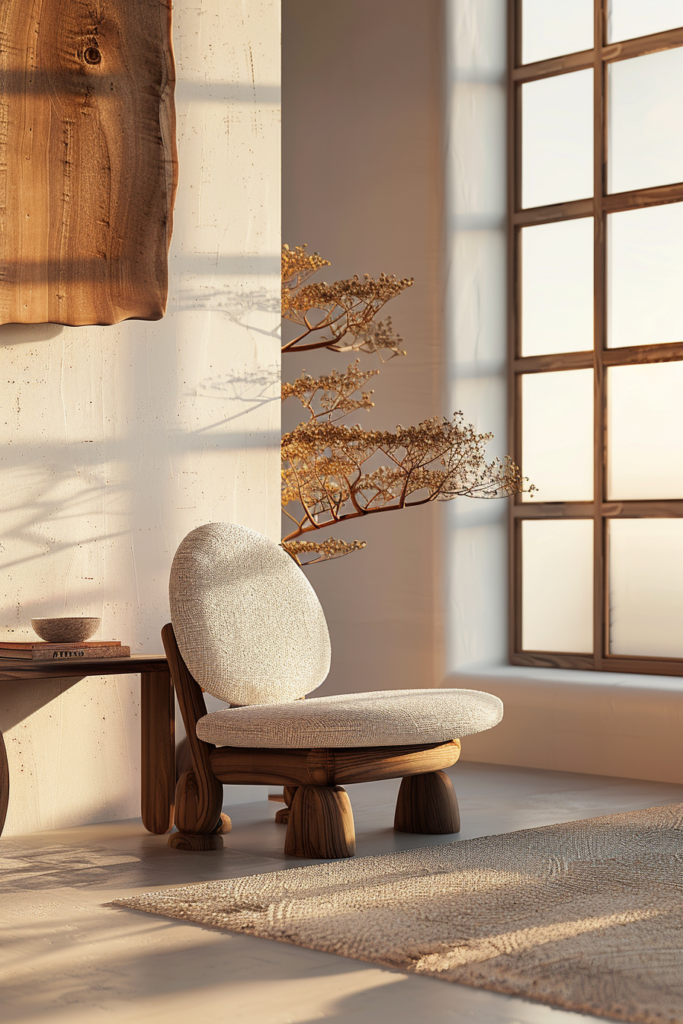 A cozy nook with a modern chair and side table bathed in warm sunlight beside a large window, with dried flowers and a textured rug.