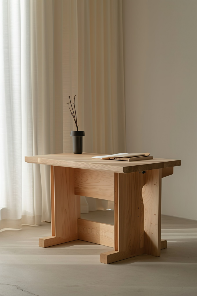 A minimalist wooden desk with a vase holding branches and a notebook on top, set against a curtain-draped window with soft light.