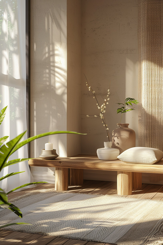 Cozy corner with a wooden bench, white cushions, vases with branches, candle, and a sunlit woven rug.
