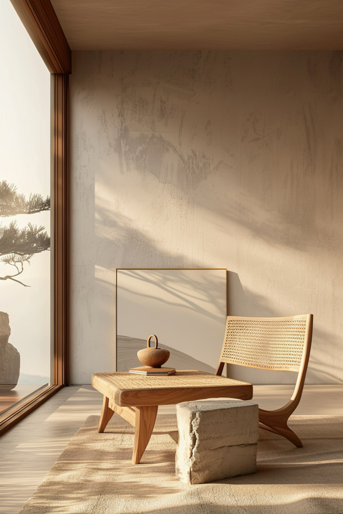 Minimalist interior with a wooden chair and table, stone stool, and tranquil nature view through a large window.
