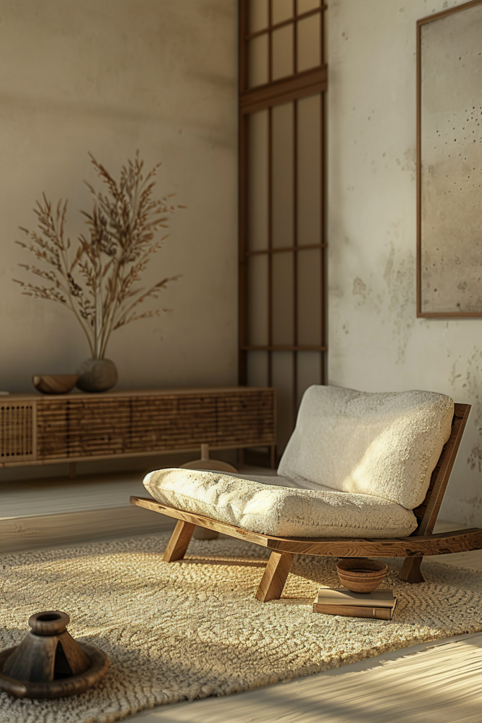 A sunlit cozy corner with a wooden lounge chair, shaggy rug, side table with items, and dried plants against a textured wall.