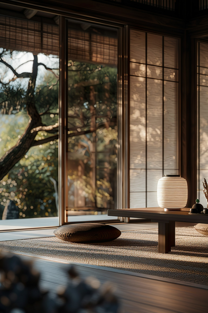ALT: A serene Japanese-style room with tatami mats, low wooden table, cushion, paper lantern, and a view of a garden through sliding glass doors.