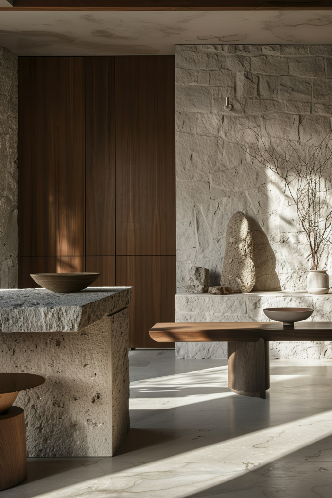 Modern interior with textured stone walls, wooden cabinets, and furniture, accented by natural light casting shadows on the floor.