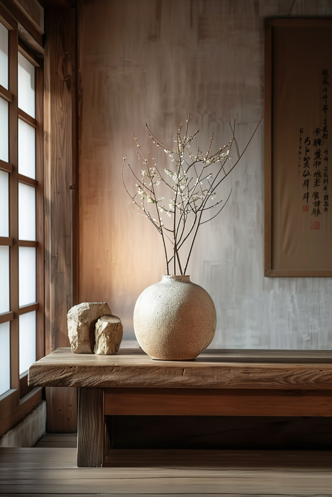 A serene interior with a textured vase and blossoming branches on a wooden bench, next to a stone, with a calligraphy scroll in the background.