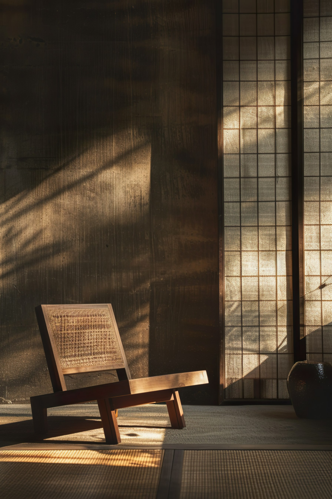 A tranquil scene with a wooden bench in a room lit by soft sunlight filtering through shoji screens, casting serene shadows.