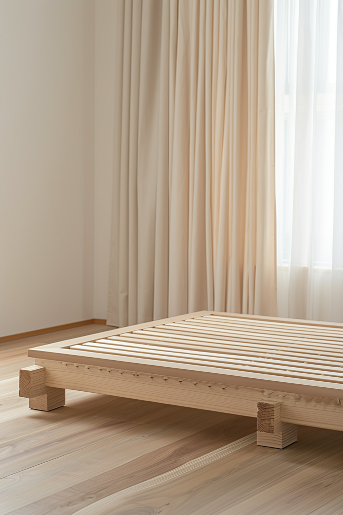 A minimalist wooden bed frame with slats on a hardwood floor against a backdrop of beige curtains and sheer white drapes.