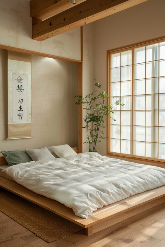 A serene Japanese-style bedroom with a low wooden bed, white bedding, a calligraphy scroll on the wall, and a plant by the window.