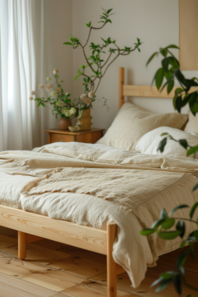 A cozy bedroom with a wooden bed dressed in beige linens, surrounded by green plants and soft natural light.