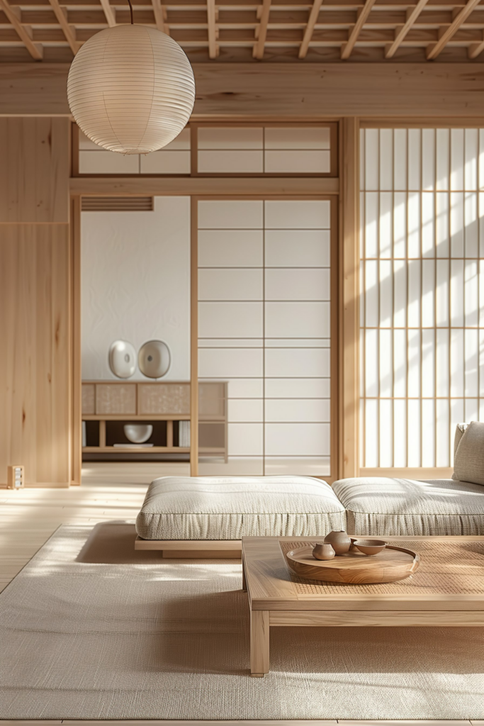 A serene Japanese-style bedroom with tatami flooring, shoji screens, low wooden bed, and a paper lantern hanging above.