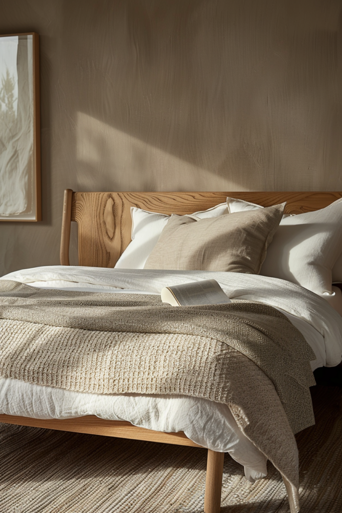 Cozy bedroom corner with sunlight casting shadows on a wooden bed with knit blanket and open book.