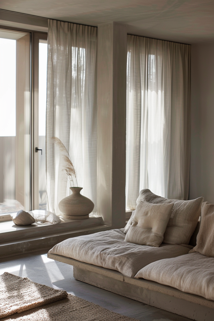 Sunlit modern room with sheer curtains, low bed and cushions, vase with pampas grass, creating a calm atmosphere.