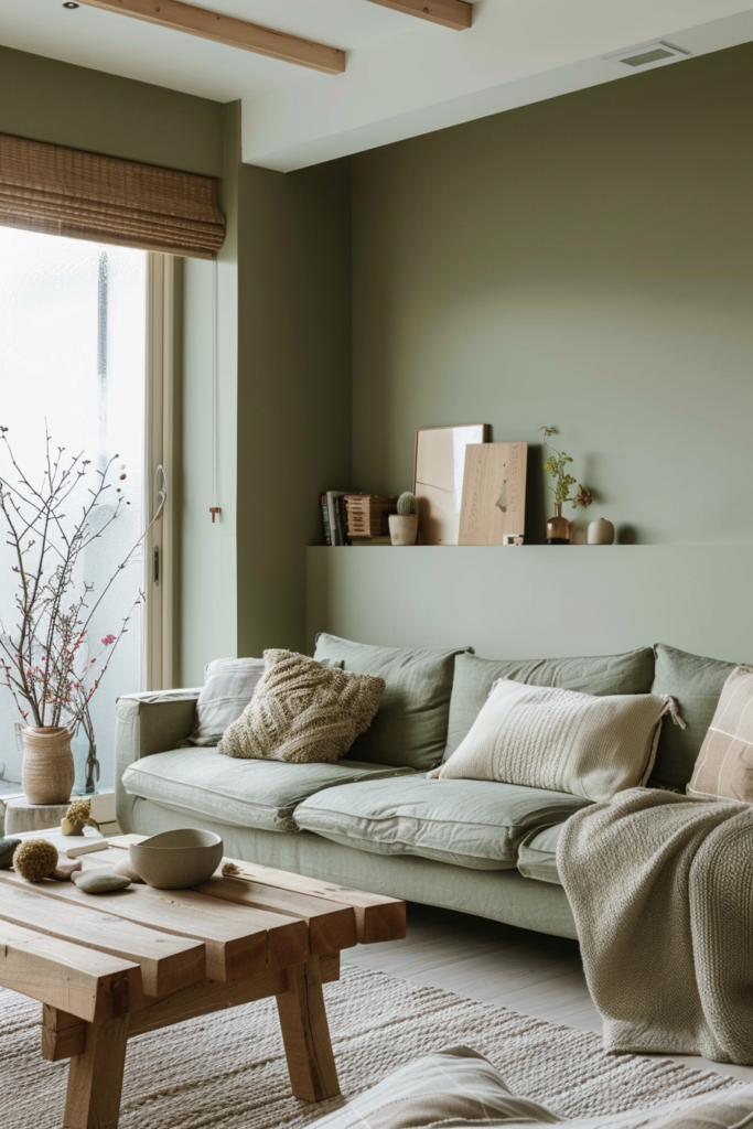 Cozy living room with olive green walls, a plush sofa with lots of pillows, a wooden coffee table, and decorative plant branches.