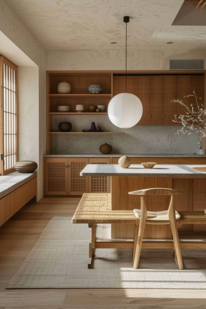 Bright and airy dining space with wood furniture, woven chairs, and a large white pendant light, complemented by natural decor elements.