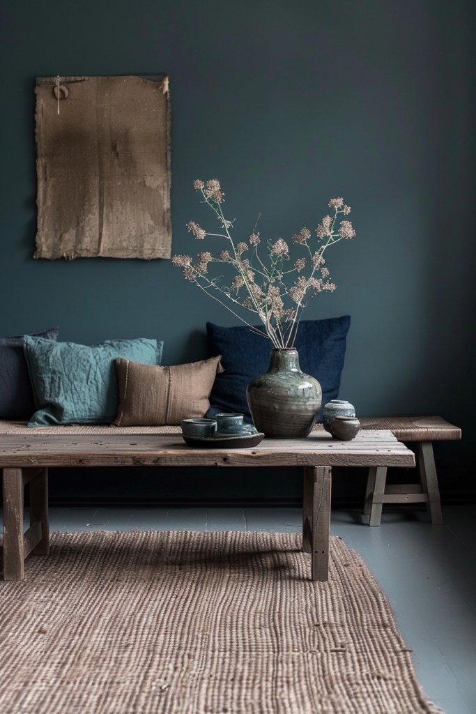 A cozy nook with a wooden bench, blue and brown cushions, a ceramic vase with dried flowers, on a textured rug against a dark wall.