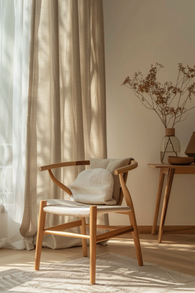 Warmly lit room with a wooden armchair, cushion, side table with vase and dried flowers, and sheer curtains.