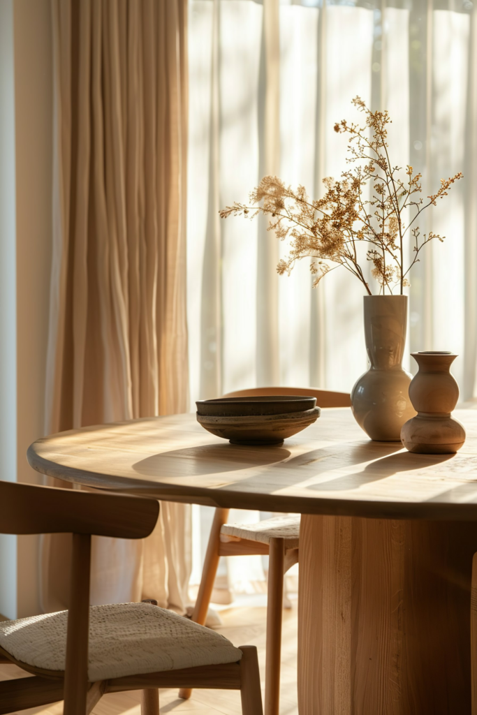 Warmly lit interior with a wooden table, ceramic plates, vases, and dry flowers, near sheer curtains.
