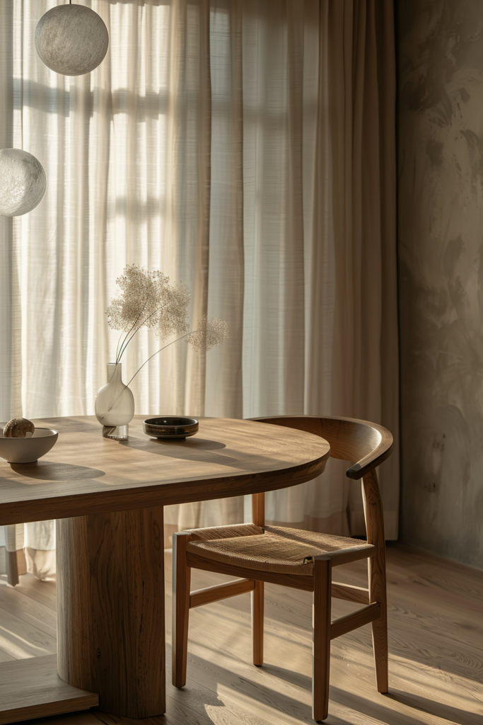 ALT: A cozy room with sunlight filtering through sheer curtains, highlighting a wooden table with a vase and dried flowers, and a woven chair.
